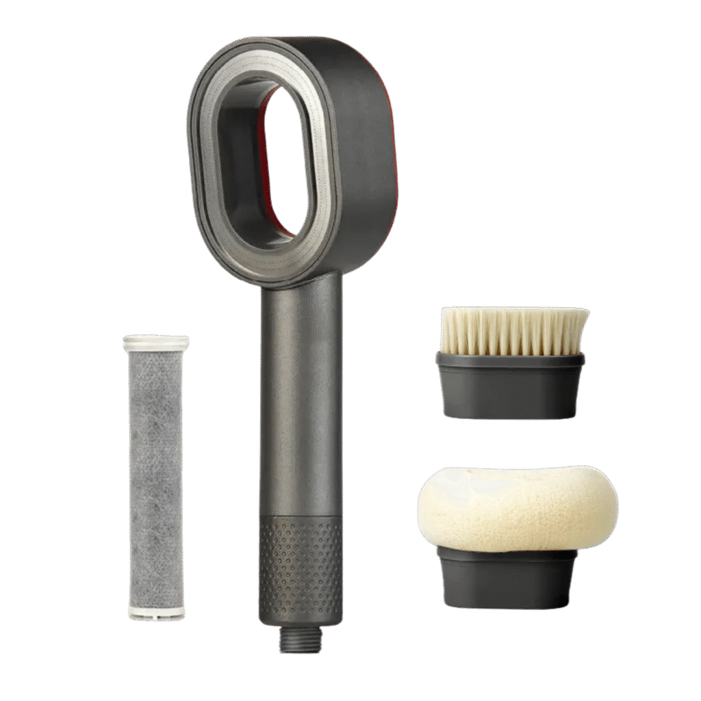 Brusehoved med indbygget filter, børste og svamp – effektivt brusefilter med ACF-teknologi, der reducerer kalk, klor og bakterier for blødere hud og sundere hår.