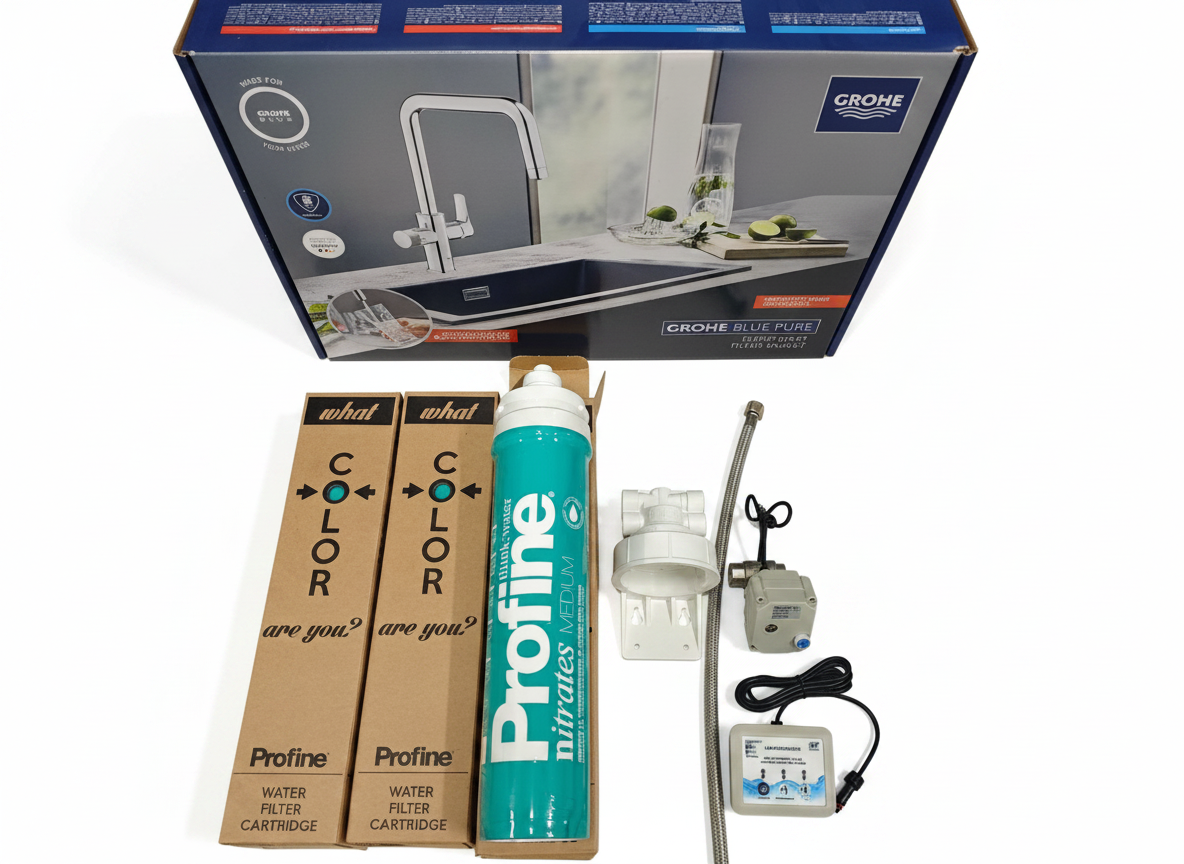 Startpakke med Nitratfilter til montering under håndvask. Grohe 3i1 armatur + 3 filtre, hoved, lækagesikring og slange